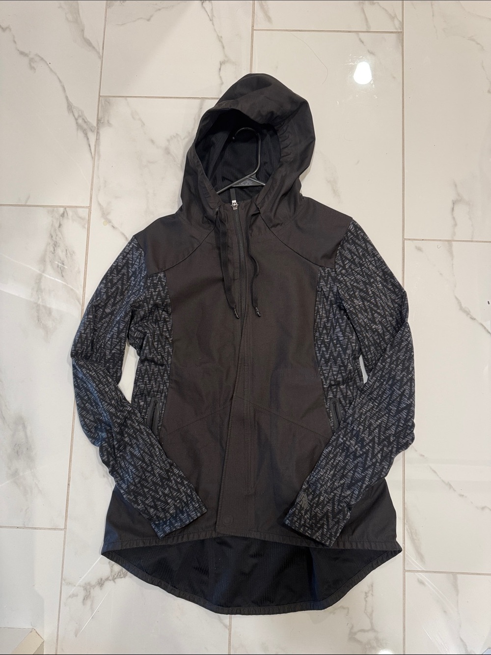 The North Face Black Hooded Utility Jacket with Patterned Gray Sleeves
